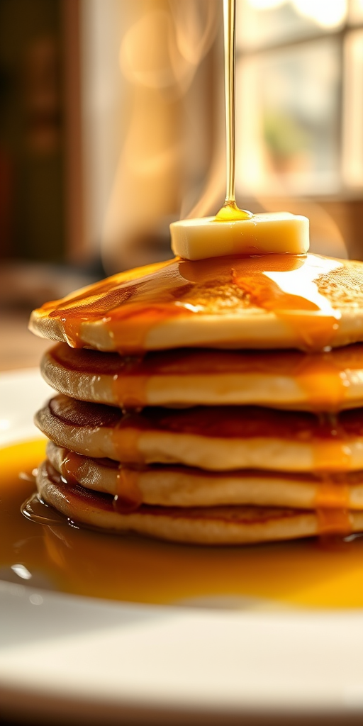 Warmly lit close-up of a plate of fresh pancakes, steam rising from the stack, with a pat of melting butter and syrup drizzling down the sides, and soft morning light from a window illuminating the scene.