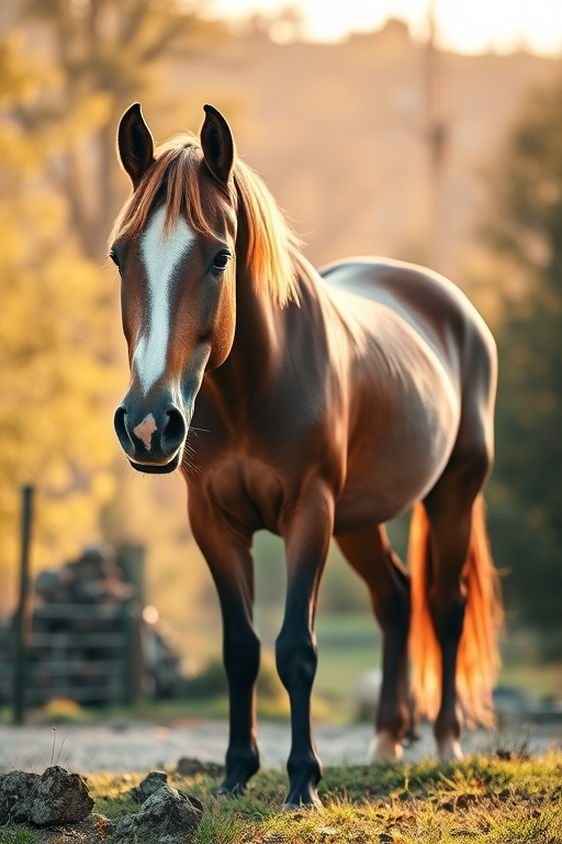 Generate a high-resolution image of a standing horse in a natural setting, captured with a DSLR camera at f/8 aperture, 1/250 shutter speed, ISO 200, using a 50mm lens, with soft natural lighting and a shallow depth of field to enhance detail and focus on the horse.