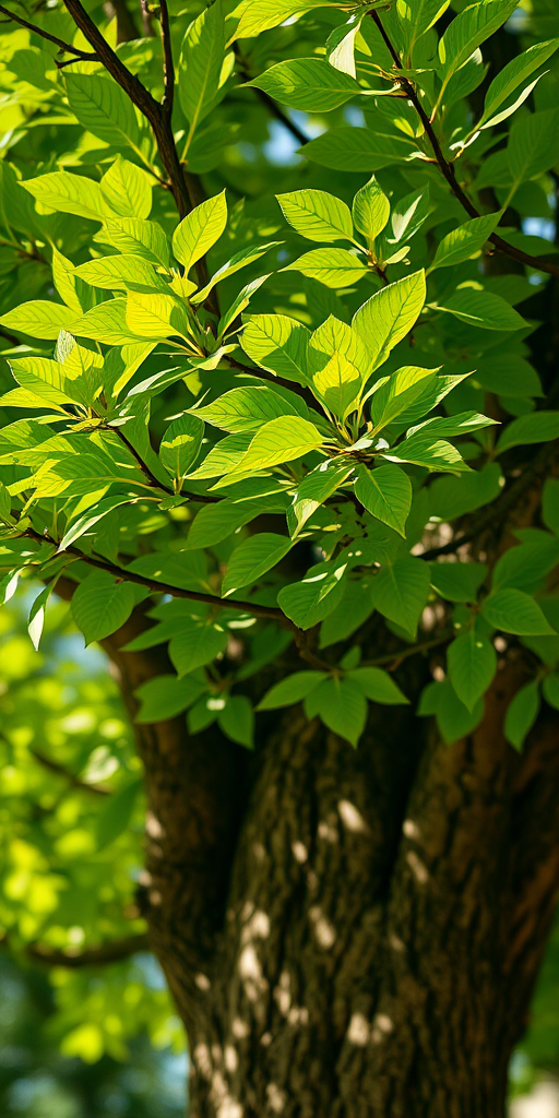 Create a high-resolution digital illustration of a tree with lush green leaves and a sturdy brown trunk, using a macro lens with a shallow depth of field to emphasize the texture of the leaves, shot with a DSLR camera in bright natural light.