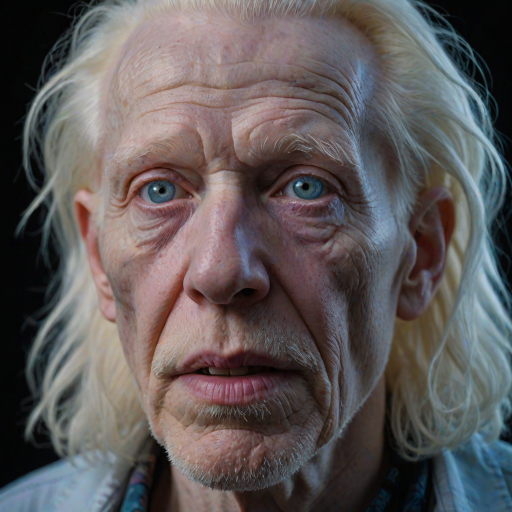 create a close-up perspective view fine art photography contemporary style of an elderly worn albino’s face with a soft, candid expression on a blurred sky black light background.Showcasing a modern style characterized by vibrant blacklight tones, using dramatic lighting and soft gradients to create a fine art atmosphere. The focus is on the light and facial features. motion light blur, neon backlit
