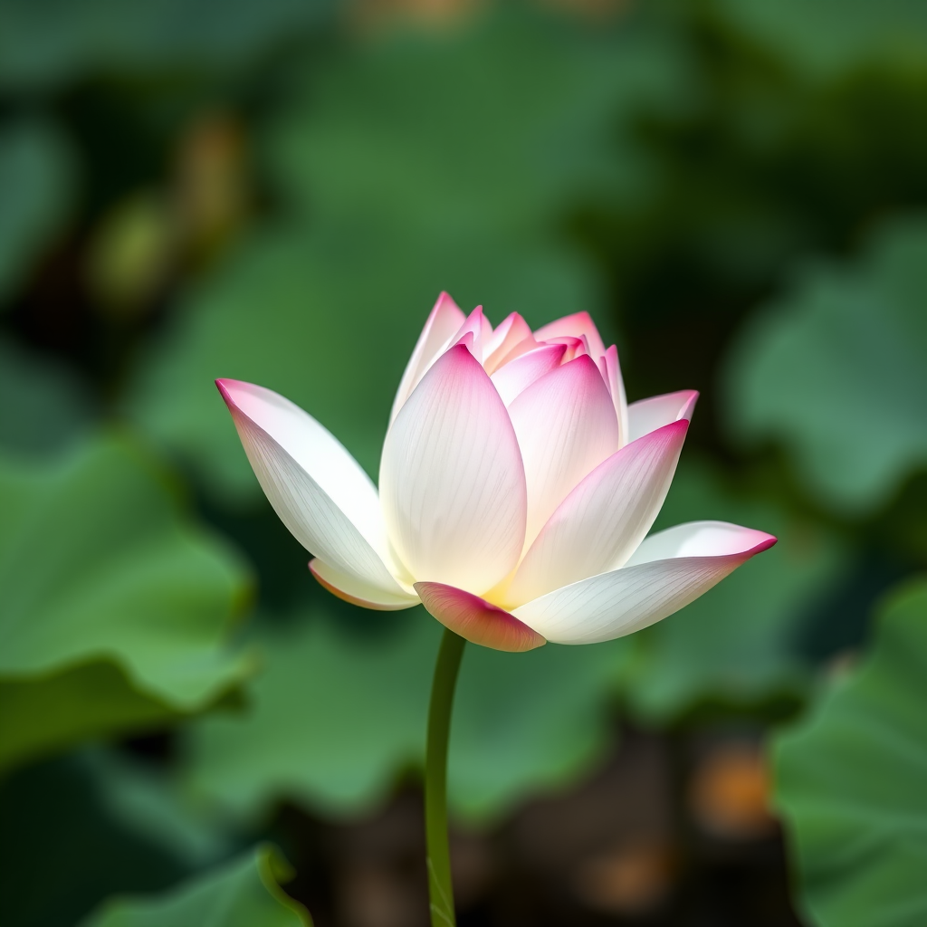Generate a high-resolution image of a white lotus flower with pink tips in soft natural lighting, slight bokeh background, taken with a Canon EOS 5D Mark IV, 50mm lens, aperture f/2.8, ISO 100, and a shallow depth of field.