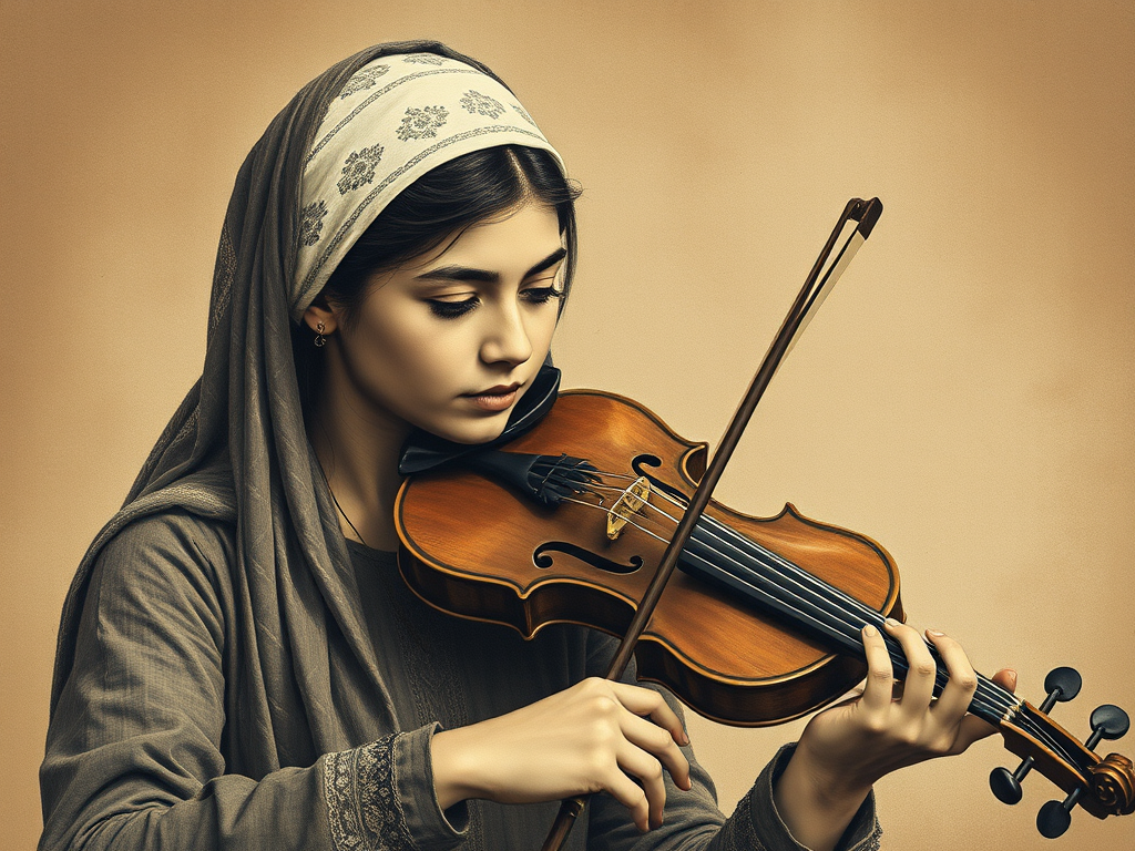 a young Tajik woman with a white headband playing a violin, in the style of a charcoal drawing, sepia grunge background