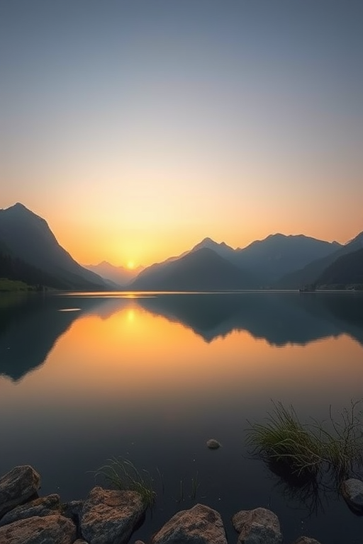 Generate a high-quality image of a tranquil landscape featuring a serene lake reflecting surrounding mountains during sunset, use a Canon EOS R5 with a 24-70mm f/2.8 lens, set aperture to f/8, ISO 100, shutter speed 1/125 sec, wide-angle view, and soft lighting to enhance colors and details.