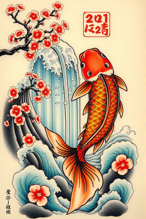 Japanese-inspired irezumi tattoo called "Koi Ascension" featuring a large colorful koi fish swimming up a cascading waterfall surrounded by cherry blossoms and traditional waves