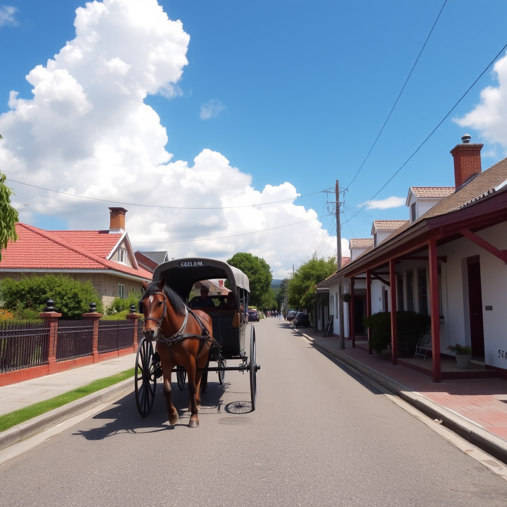 Create a vibrant street scene featuring a horse-drawn carriage on a picturesque path lined with houses, with a clear blue sky and fluffy clouds overhead, using a DSLR camera at 50mm, aperture f/8, ISO 100, and shot in landscape orientation to capture depth and detail.