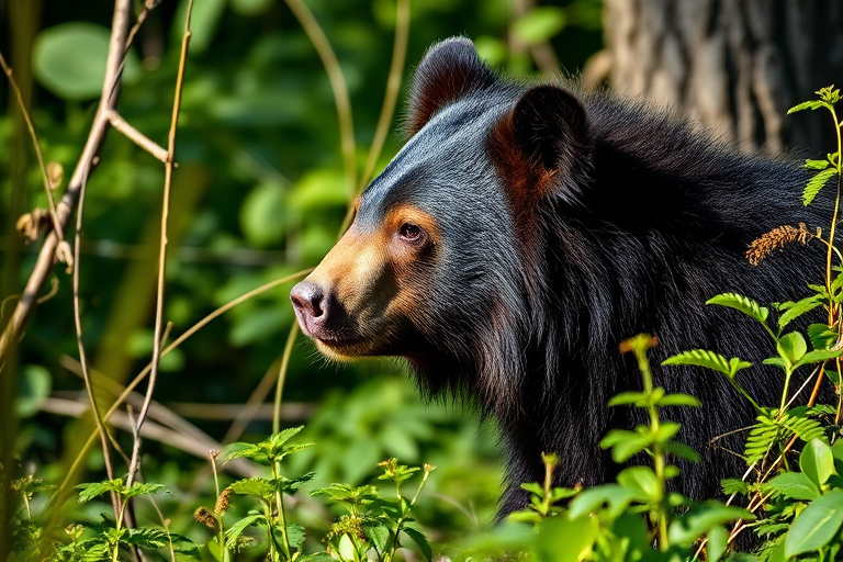 generate a highly detailed image of a spectacled bear in its natural habitat, with shallow depth of field, 85mm lens, f/2.8 aperture, ISO 400, soft natural lighting, side profile view, focus on the bear amidst lush vegetation