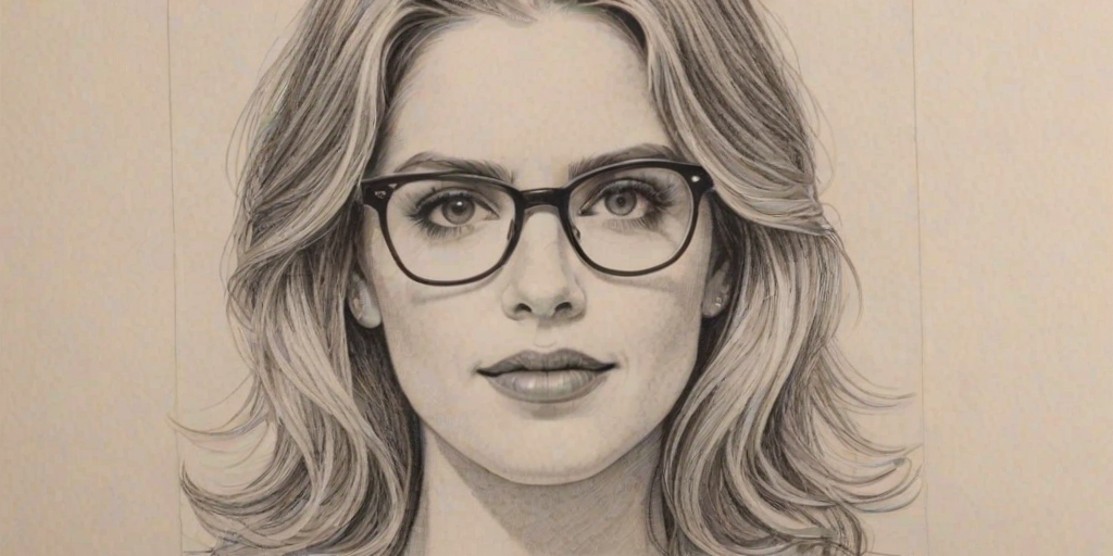 Charming Anna Chlumsky, pencil sketch, portrait of Captivating woman 1978s in glasses, hair style beatnik, outline, clear lines, fine lines, 8k
