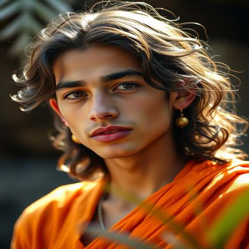 portrait of a young man with long wavy hair, wearing a golden earring and an orange garment, soft lighting, shallow depth of field, Canon EOS R5, 50mm f/1.2 lens, ISO 100, aperture f/1.2, natural light, high-resolution detail