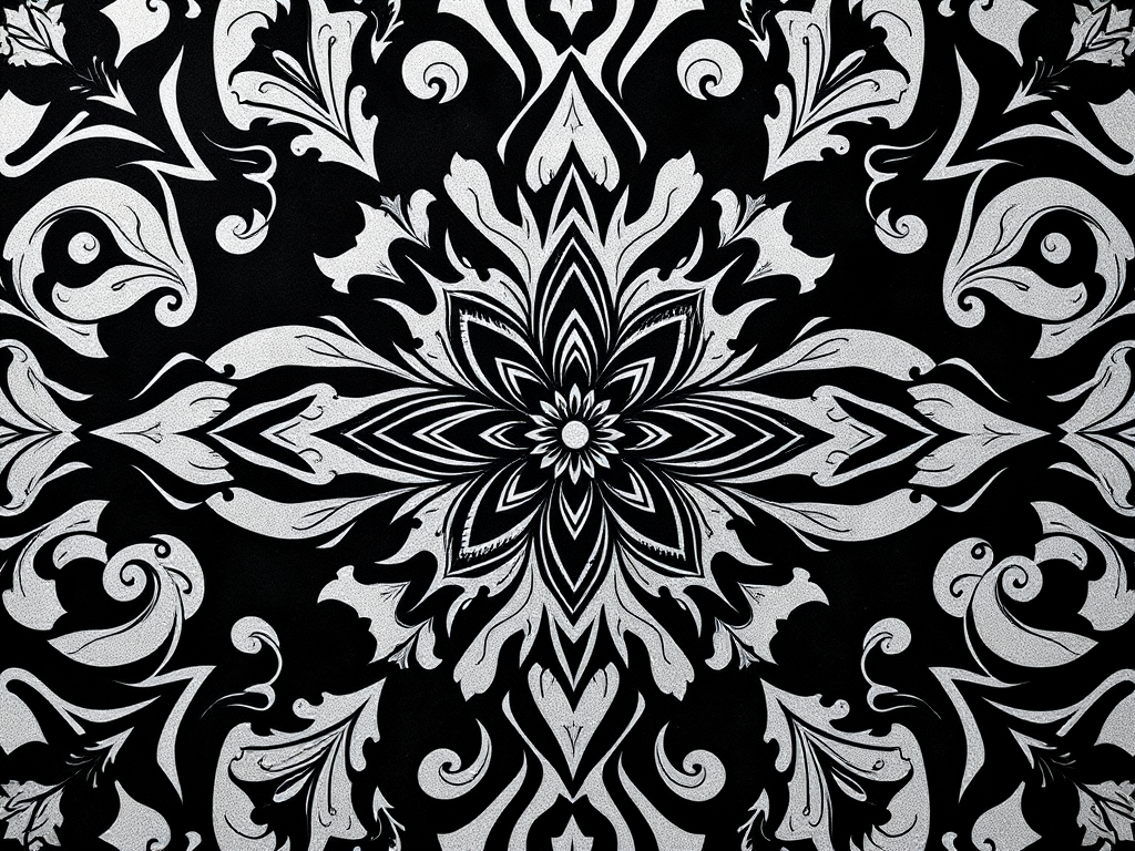 create a highly detailed black and white floral pattern with intricate swirls and geometric shapes, shot with a DSLR camera at f/8, ISO 100, 50mm lens, top-down view, high resolution, flat lay style