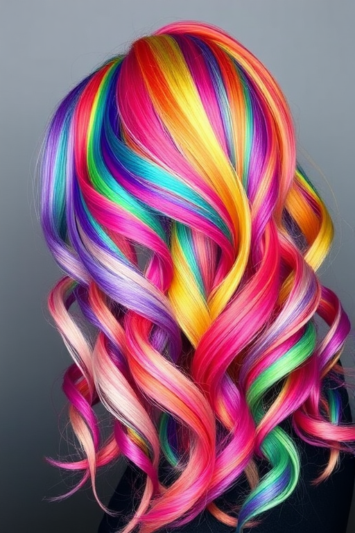 Vibrant rainbow hair arranged in the "Prismatic Dream" style showcases a spectrum of colors blended seamlessly together in a mesmerizing swirl of hues