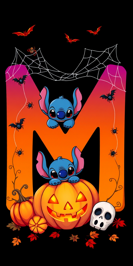 A whimsical and vibrant Halloween-themed digital illustration featuring the letter "M" adorned with spider webs, small bats, and cute spiders. At the base of the letter, a playful alien character similar to Stitch is peeking out from inside a carved pumpkin with glowing eyes, surrounded by additional pumpkins, a small skull, and autumn leaves. The letter is gradient-colored from orange to purple, adding a magical atmosphere to the scene, black background