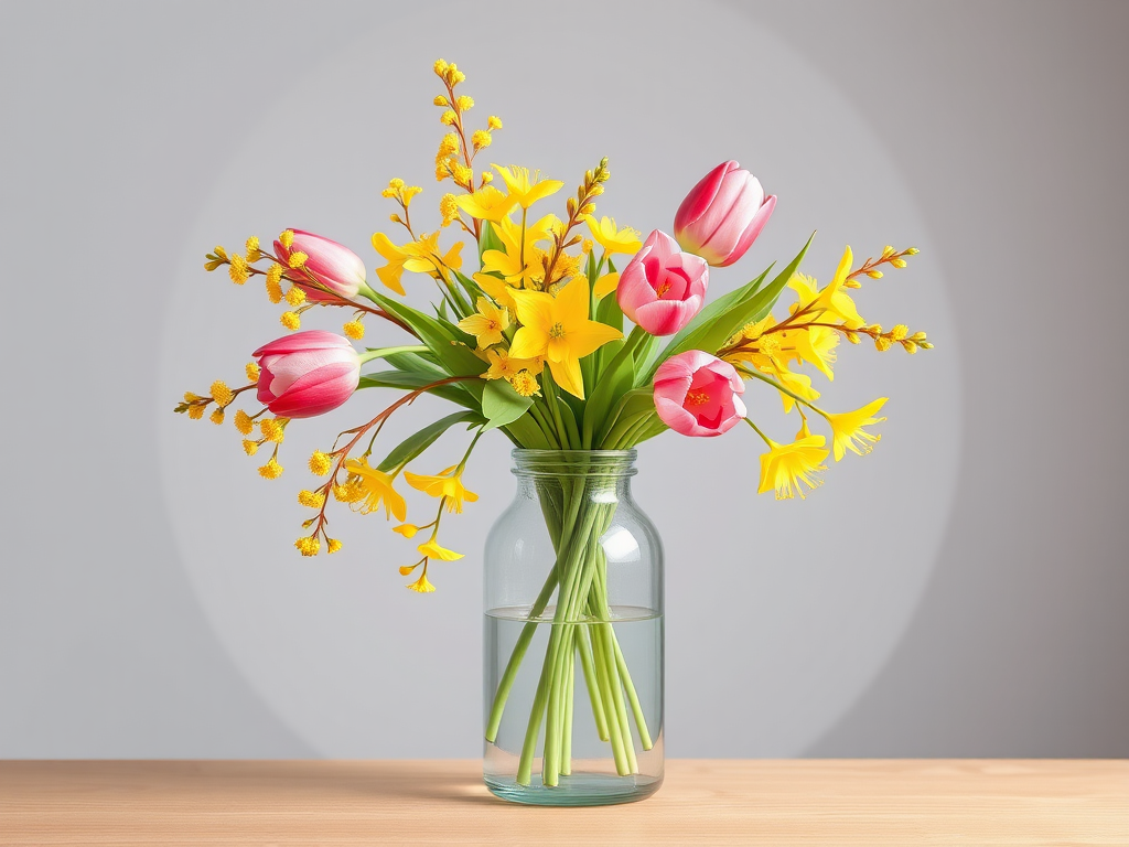 Create a high-resolution digital illustration of a glass vase filled with forsythia and tulip flowers against a soft grey circular background, using a DSLR camera with a 50mm lens, f/2.8 aperture, ISO 100, and natural lighting for enhanced detail and color vibrancy.