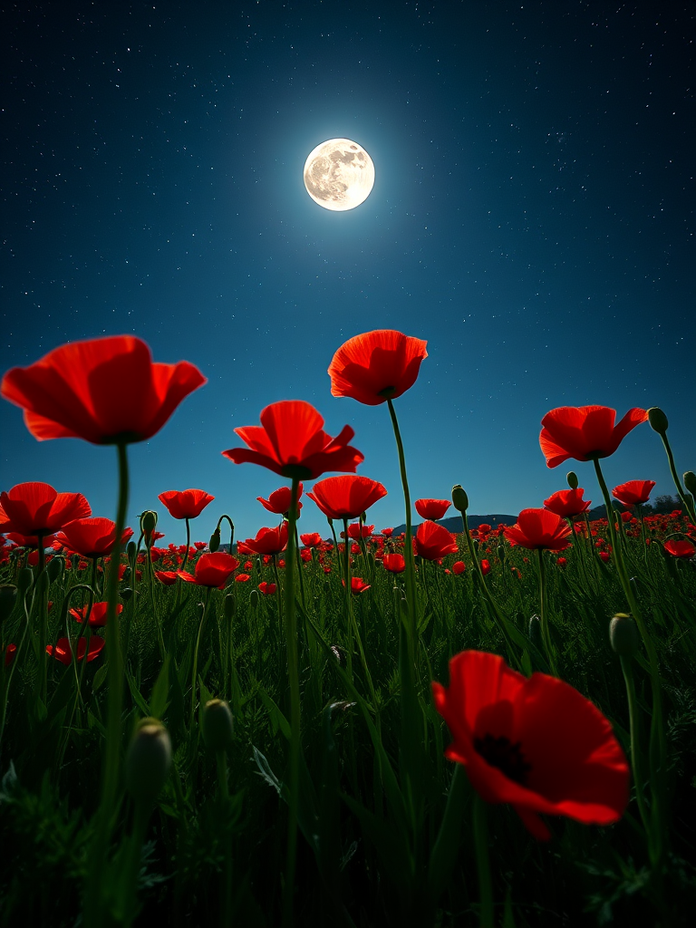 a stunning nighttime scene of vibrant red poppies in a field under a starry sky with a large, luminous moon, captured using a full-frame DSLR camera, 50mm lens at f/1.8, ISO 100, 1/60s exposure, wide-angle view for depth and clarity