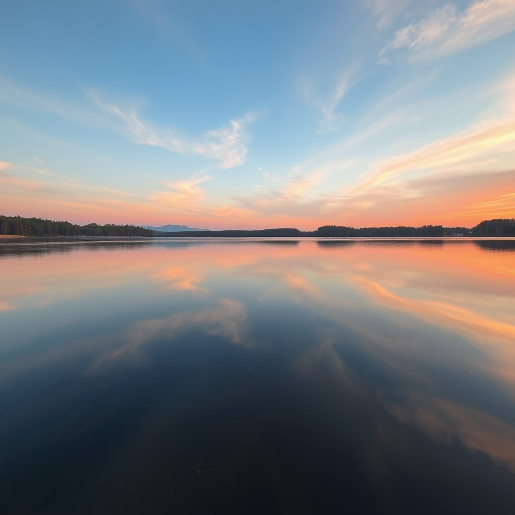 Capture a tranquil sunrise over a calm lake with soft pastel colors in the sky and reflections on the water using a Canon EOS R5, 24mm lens, f/11 aperture, ISO 100, 1/30 second exposure, wide-angle view, and a landscape composition for sharp detail and vibrant colors.