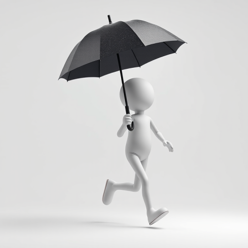 Create a 3D render of a stylized humanoid figure holding a dark umbrella while skipping joyfully, use a Canon EOS R5 with a 50mm f/1.2 lens, aperture set to f/2.8, ISO 100, and a soft diffused lighting setup to enhance details and colors in a clean white background.