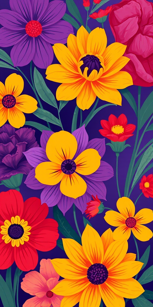Create a vibrant digital illustration featuring abstract floral patterns with a mix of bold colors including purple, yellow, and red, captured using a Canon EOS R5 with a 50mm f/1.2 lens, at f/2.8 aperture, ISO 100, and natural light for optimal clarity and detail.