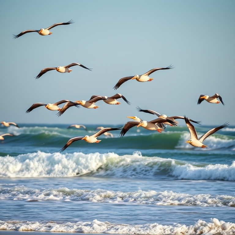 Capture a group of pelicans flying in formation over a beach with waves crashing, using a DSLR camera, 300mm lens, f/8 aperture, 1/1000s shutter speed, ISO 200, natural light, with a slight low-angle view to emphasize the birds against the ocean backdrop.