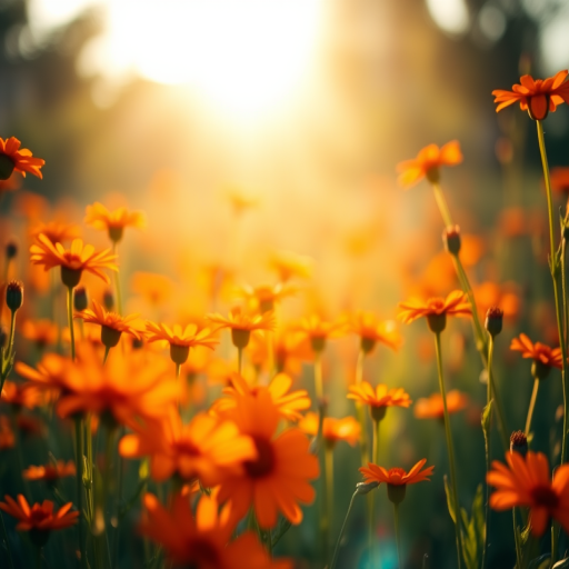 vibrant field of orange flowers with a soft focus background, golden sunlight filtering through, bokeh effect, shot with a Canon EOS R5, 50mm lens, aperture f/1.8, ISO 100, low angle view, with vibrant color grading and enhanced contrast