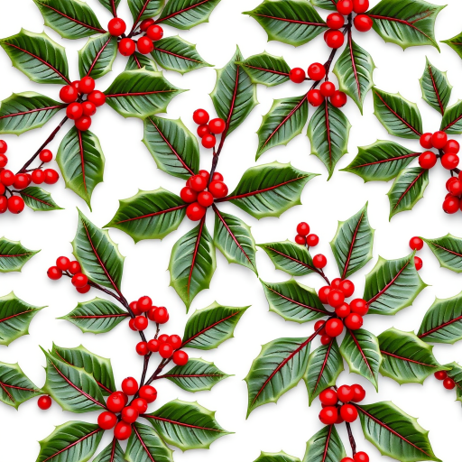 Regenerate a seamless pattern of holly leaves and berries with a clean white background, using a high-resolution digital camera, 50mm lens, aperture f/8, ISO 100, and a top-down view style to enhance image quality.