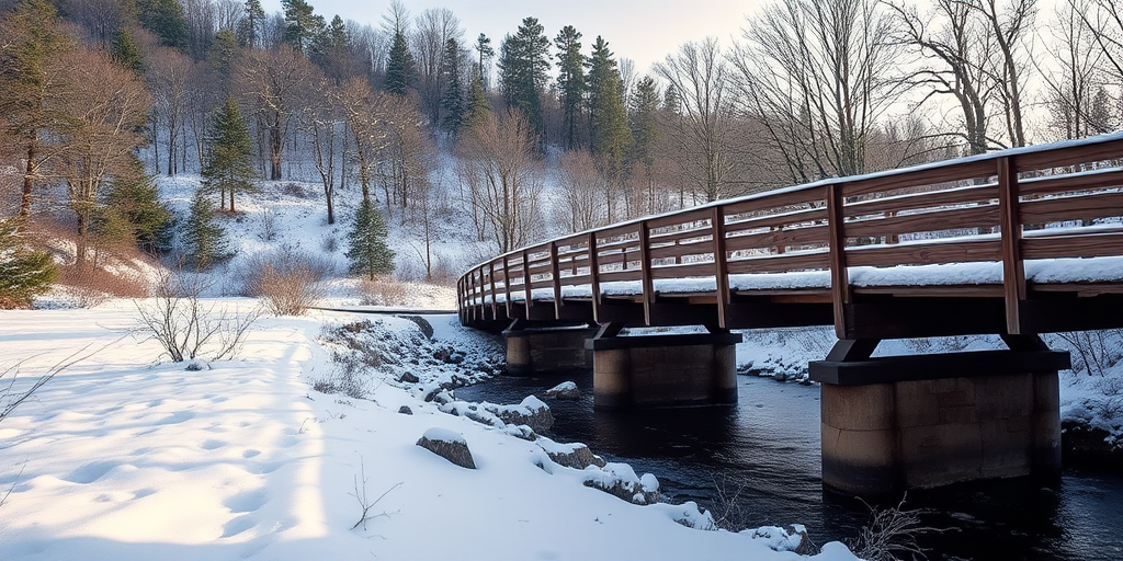 capture a snowy landscape with a wooden bridge over a river, soft natural lighting, wide-angle lens at f/8, ISO 100, 1/125 second exposure, landscape orientation, DSLR camera