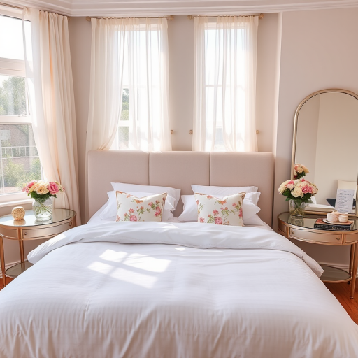 Interior of a cozy bedroom with a king-sized bed adorned with white linens and floral pillows, soft natural light streaming through large windows with sheer curtains, fresh flower arrangements on bedside tables, a large mirror reflecting the serene decor, captured with a DSLR camera, 50mm lens, f/1.8 aperture, ISO 200, shot in natural light to enhance warmth and detail.