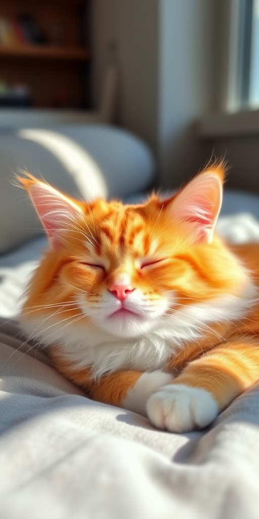 Generate an image of a fluffy orange tabby cat lounging in a cozy setting with its eyes closed enjoying the sunlight the cat has soft fur with a white chest and paws and is resting on a light gray blanket with a warm and peaceful expression