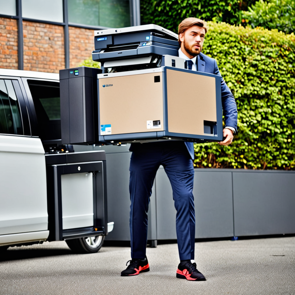carrying a heavy printer with a suffering face