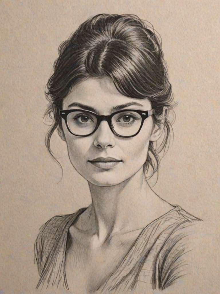 Enchanting Audrey Tautou, pencil sketch, portrait of Wonderful woman 1978s in glasses, hair style beatnik, outline, clear lines, fine lines, 8k