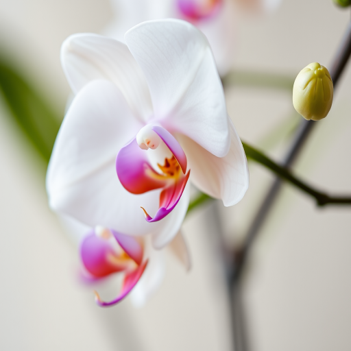 Generate a high-resolution, close-up image of a white orchid flower with delicate pink accents, using a DSLR camera set to f/2.8, ISO 100, and a shutter speed of 1/200s; focus on the intricate details of the petals and leaves against a softly blurred background for a natural look.