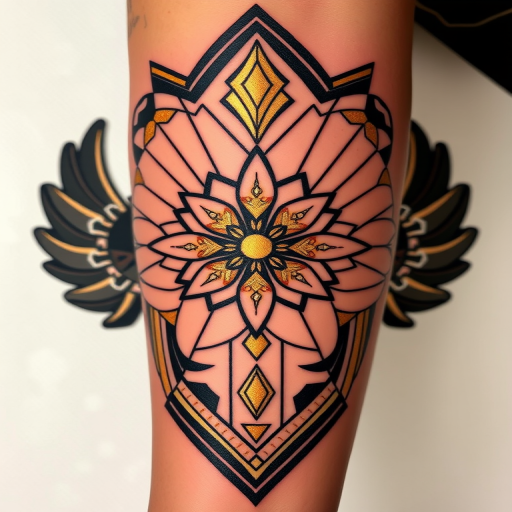 Art deco-inspired tattoo featuring symmetrical patterns, bold geometric shapes, and metallic gold accents, capturing the glamour and sophistication of the roaring twenties
