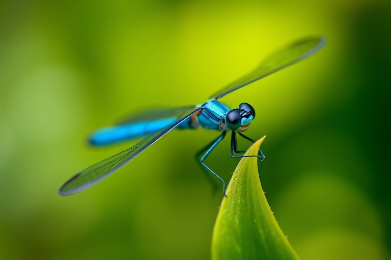 close-up of a blue dragonfly perched on a green leaf, soft focus background, natural lighting, ISO 100, f/2.8, shutter speed 1/1000s, macro lens, DSLR camera