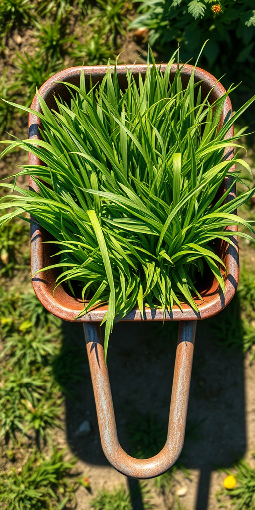 Create a high-resolution illustration of a wheelbarrow filled with fresh green grass, shot in a top-down view with a DSLR camera, aperture set to f/2.8 for a shallow depth of field, ISO 100, 50mm lens, and bright natural lighting to enhance color vibrancy and sharp details.