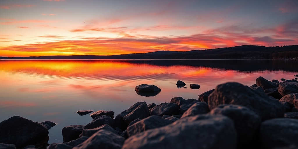 Capture a serene sunset over a calm lake, using a Canon EOS R5 with a 24mm f/1.4 lens, ISO 100, aperture f/11, shutter speed 1/30 sec, shot from a low angle to emphasize the foreground rocks and reflections in the water, with vibrant colors in the sky and a clear horizon.