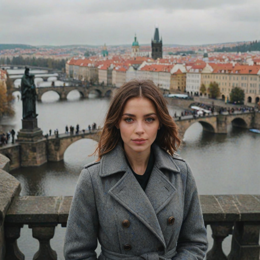 cinematic photo from above, waist up shot, sharp focus, a beautiful woman in foreground, in Prague, at the Charles Bridge, river in background, overcast rainy day, wearing long grey wool coat, warm rich color palette