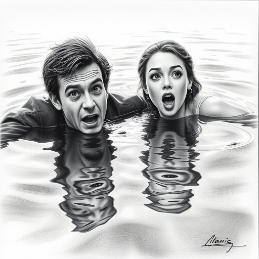 A hyperdetailed photorealistic black and white pencil sketch recreating the iconic scene at the end of Titanic with Jack and Rose floating in the water, only show them making exaggerated funny faces at the camera. Show Rose spitting water at the camera.
