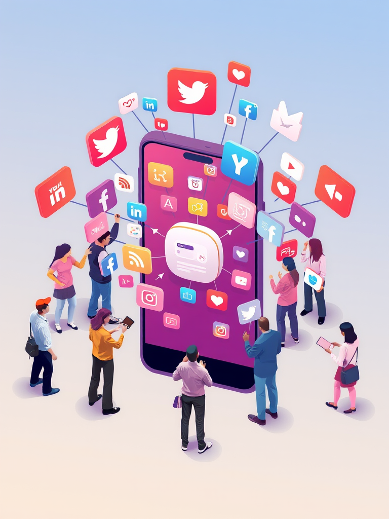 create an illustration of various people interacting with social media icons around a large smartphone, vibrant colors, soft shadows, high resolution, taken with a DSLR camera, f/2.8 aperture, 50mm lens, shot from an elevated angle, wide shot
