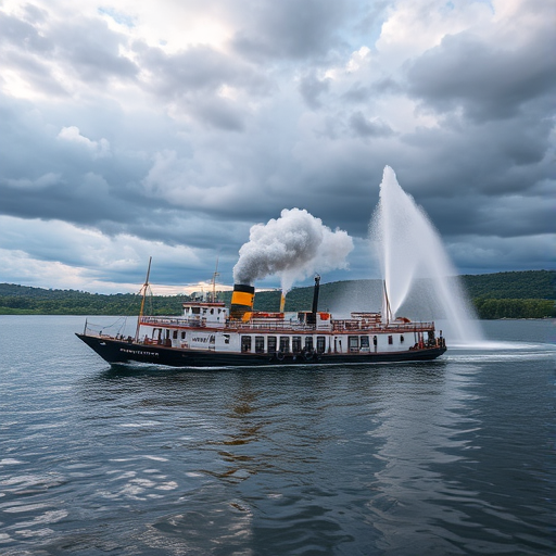 Regenerate the image of a steam boat near a fountain in a lake under a cloudy sky with a DSLR camera, 35mm lens, aperture f/8, ISO 100, shutter speed 1/200 sec, landscape view, capturing vibrant colors and fine details.