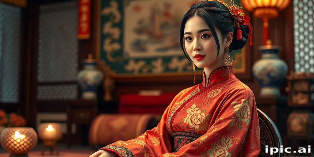 A beautiful woman in traditional East Asian attire, intricately detailed with embroidered patterns, sitting gracefully in a richly decorated room, soft ambient lighting, serene and elegant, ultra-realistic, 8K resolution