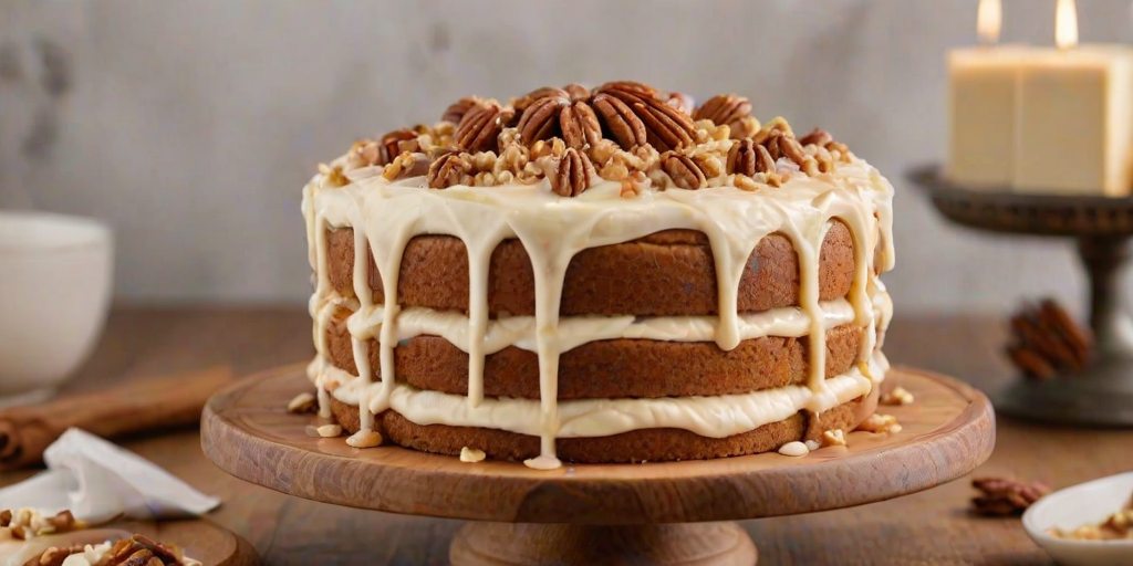 Generate an image of a beautifully decorated cake on a wooden serving stand. The cake is layered with cream frosting, featuring decorative swirls on top and a pecan in the center. The sides are adorned with chopped nuts, and there is a caramel drizzle cascading down the sides. The background is softly blurred to focus on the cake.