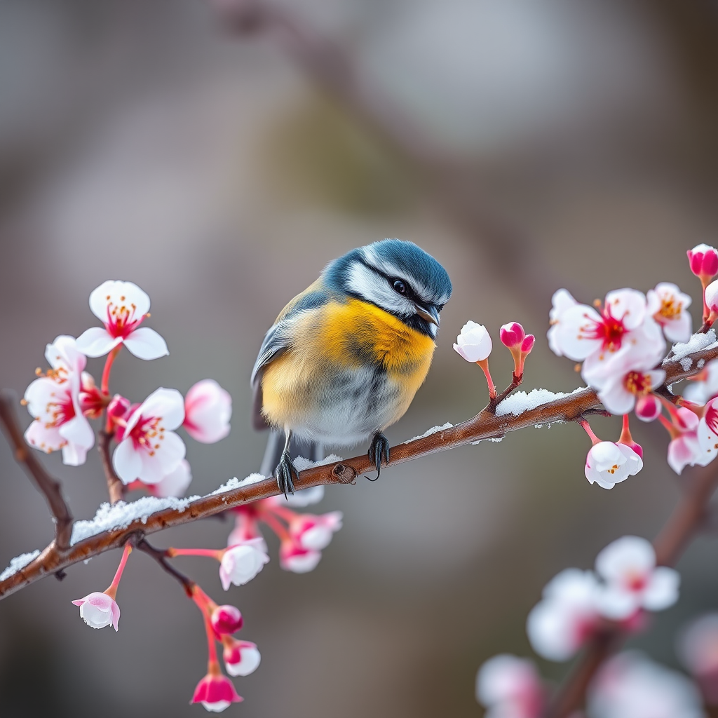 Generate a vibrant and detailed image of a blue tit bird perched on a cherry blossom branch covered in snow, shot with a Canon EOS R5 at f/5.6, 1/200s, ISO 100, with a soft focus background to enhance depth, in natural lighting for a crisp and colorful effect.