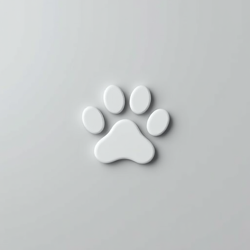 Create a high-resolution image of a stylized paw print logo on a smooth gray background, using a DSLR camera with a 50mm lens, f/2.8 aperture, ISO 100, and a center-focus view, in a minimalistic design style.