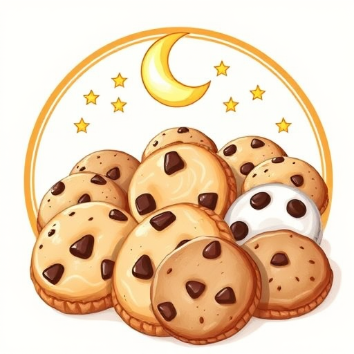 Create a detailed vector illustration of assorted cookies displayed in a circular emblem with a moon and stars, using a DSLR camera with a 50mm lens at f/2.8, ISO 100, and a focus on the texture and details of the cookies, in a soft natural light setting.