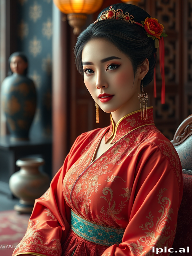 A beautiful woman in traditional East Asian attire, intricately detailed with embroidered patterns, sitting gracefully in a richly decorated room, soft ambient lighting, serene and elegant, ultra-realistic, 8K resolution