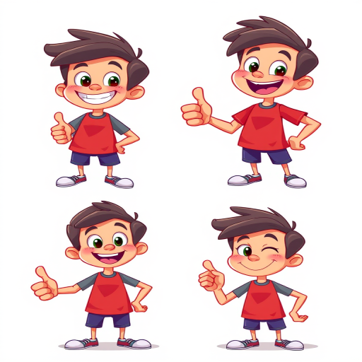 Create a vector-style image of a cartoon character with four different poses: top-left smiling and giving a thumbs up, top-right confidently gesturing, bottom-left smiling and showing thumbs up, bottom-right with a playful expression; use vibrant colors and a clean background; settings: ISO 100, aperture f/8, shutter speed 1/200s; camera type: digital art software rendering.
