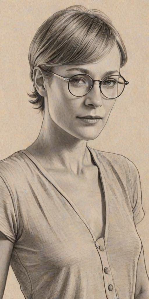 Appealing Robin Wright, pencil sketch, portrait of Graceful woman 1929s in glasses, hair style beatnik, outline, clear lines, fine lines, 8k