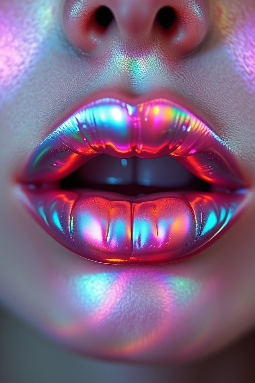 Ethereal holographic lips reflecting iridescent hues, shifting colors as light moves across them, creating a magical and otherworldly effect