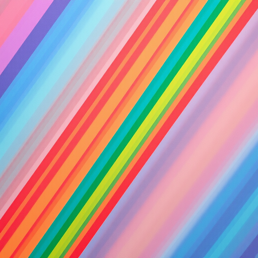 Create an image of diagonal rainbow stripes in vibrant colors, shot with a Canon EOS R5 at 50mm f/1.8, aperture set to f/8, ISO 100, in a flat lay style to enhance color saturation and detail.