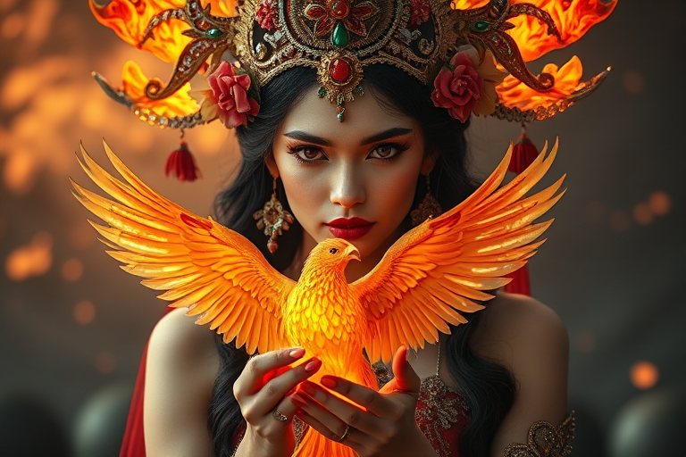 Regenerate an image of a mystical woman with fiery elements, intricate ornate headdress adorned with jewels and flowers, holding a glowing phoenix in her hands, captured with a 50mm lens, f/1.8 aperture, ISO 100, soft-focus background, cinematic lighting, shot in RAW format.