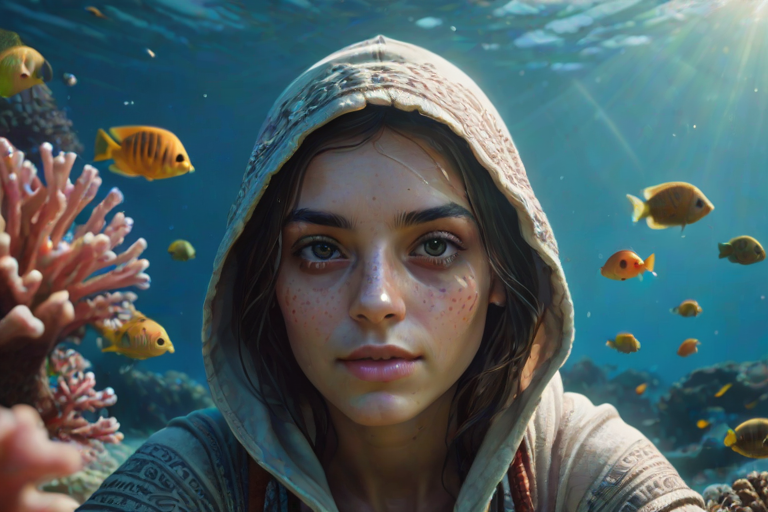 Realistic selfie image of a Aztec, wearing a vintage outfit, detailed dreamy eyes, droopy hooded eyes, staring at the camera, taken underwater at coral reef with a sunbeam filtering through the water, vibrant, summer vacation, natural lighting, turtle and school of tropical fish with vibrant colors, rendered in the style of CryEngine, Pegi Nicol MacLeod, with realistic genre scenes, hauntingly beautiful narratives, ultra-realism, and Thomas Saliot's close-up technique, 8K resolution, crystal clear and sparkling water.