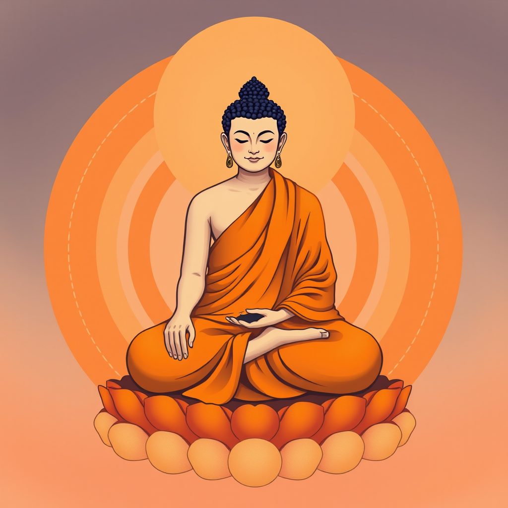 create an illustration of a seated Buddha figure, adorned in a flowing orange robe, with a calm expression, surrounded by concentric circles of orange and beige tones radiating outward, use a Canon EOS R5 with a 50mm f/1.2 lens, aperture set at f/2.8, ISO 100, capturing a soft focus background to enhance the subject's prominence
